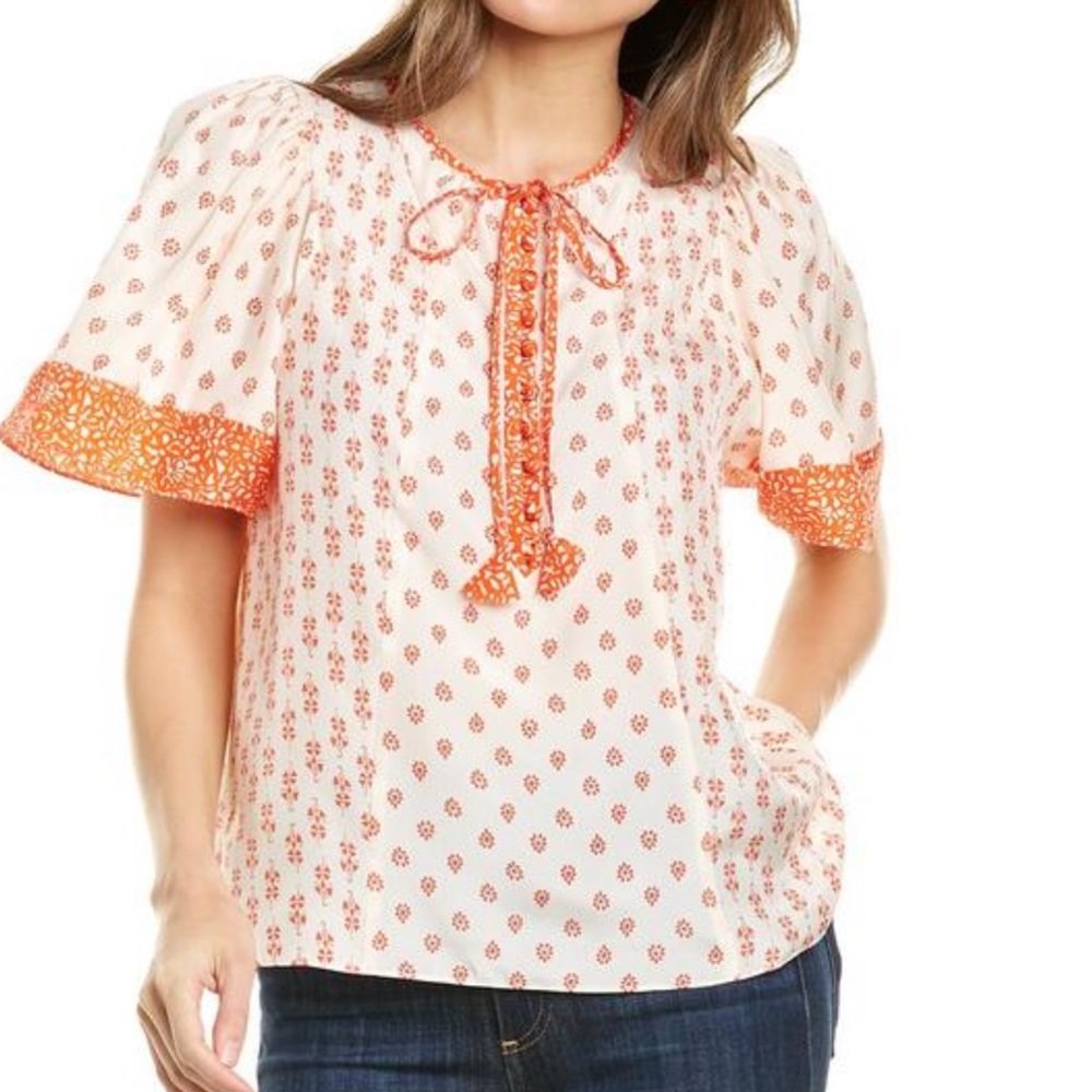 Rebecca Taylor orange & cream Silk Block Mix Boho Blouse.